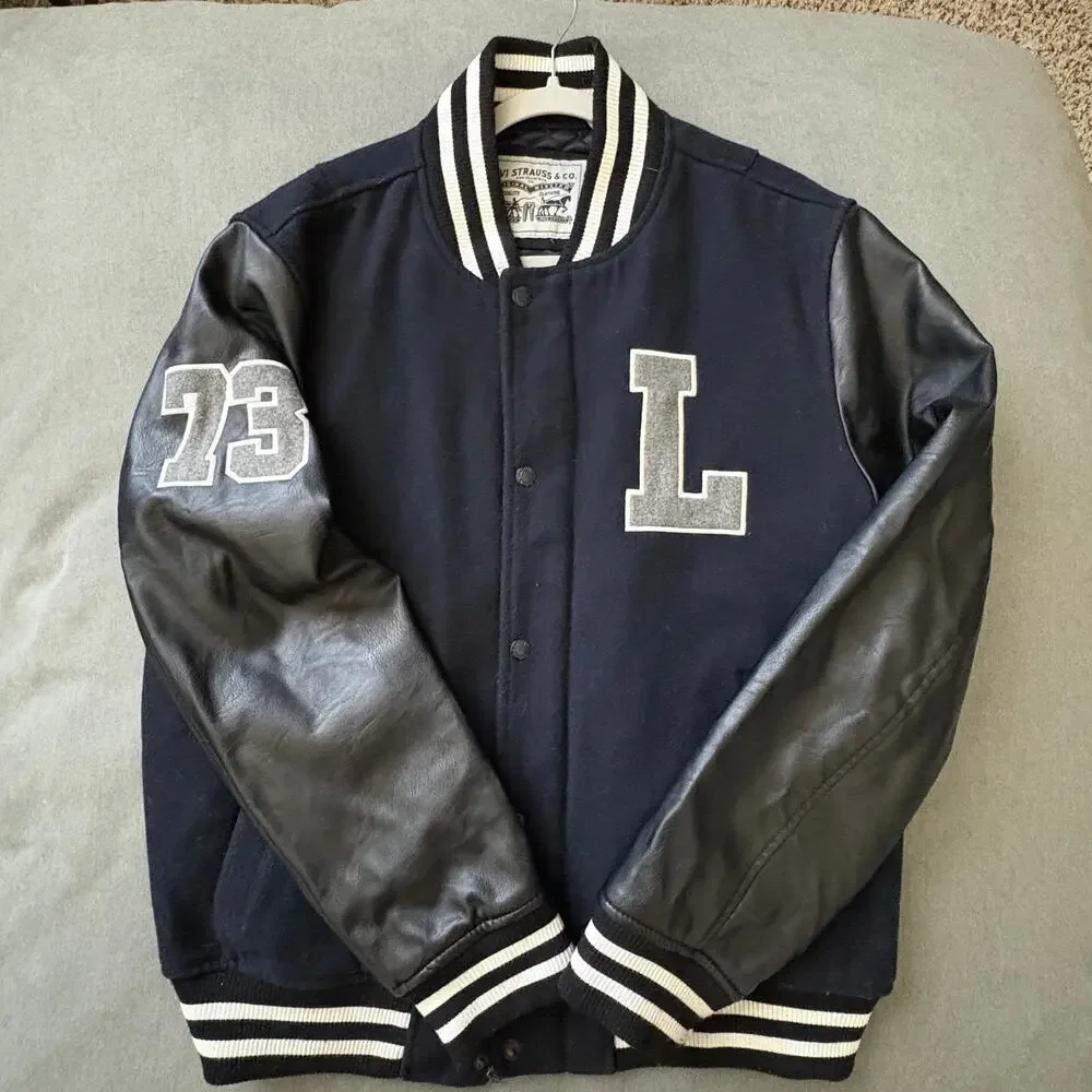 Levi’s Varsity Bomber Jacket L Navy Faux Leather Sleeves 73